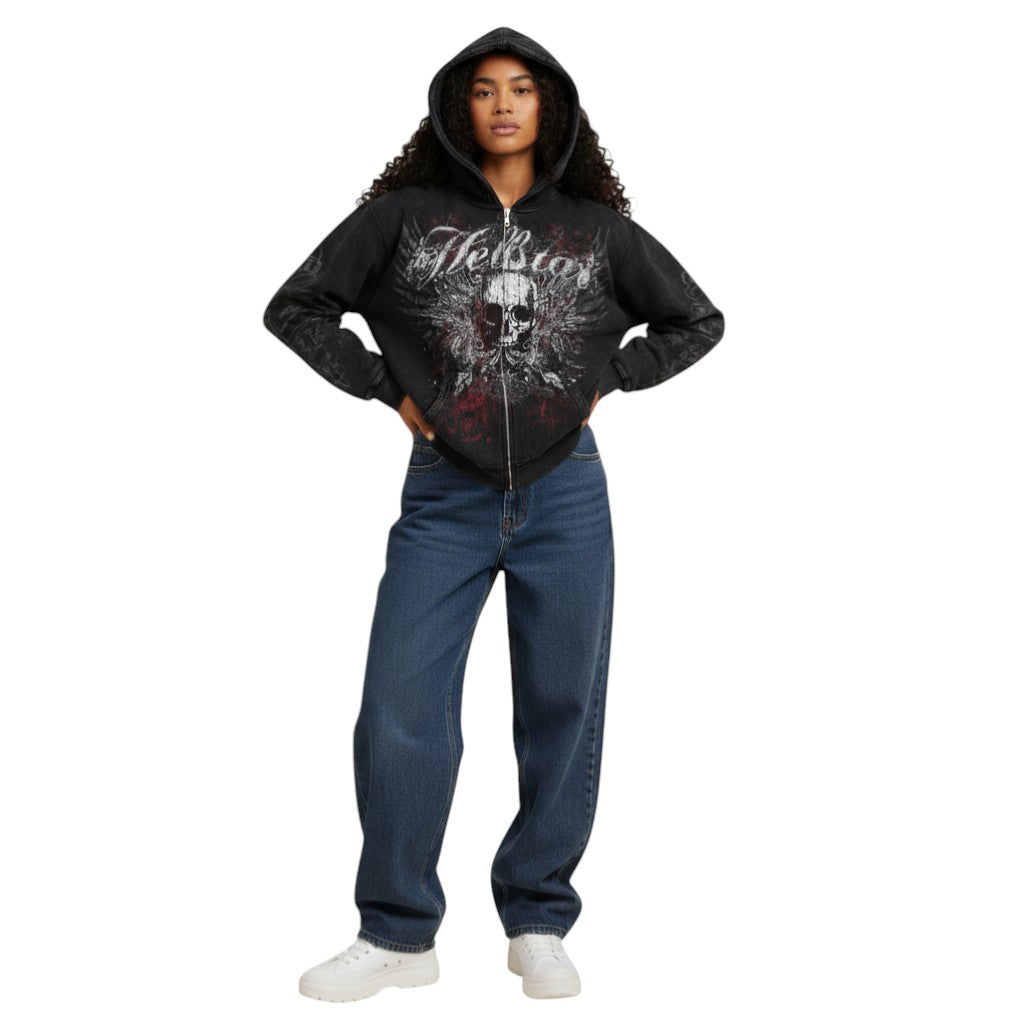 SWAGTOK black zip-up hoodie with skull and wings graphic, long sleeves, and hood. Made of cotton blend.