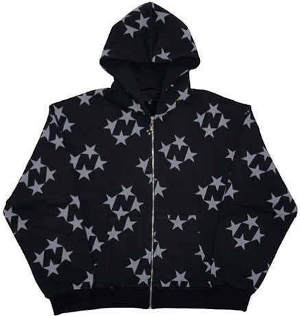 SWAGTOK black polyester zip-up hoodie with all-over gray star and N logo print, long sleeves, and hood.