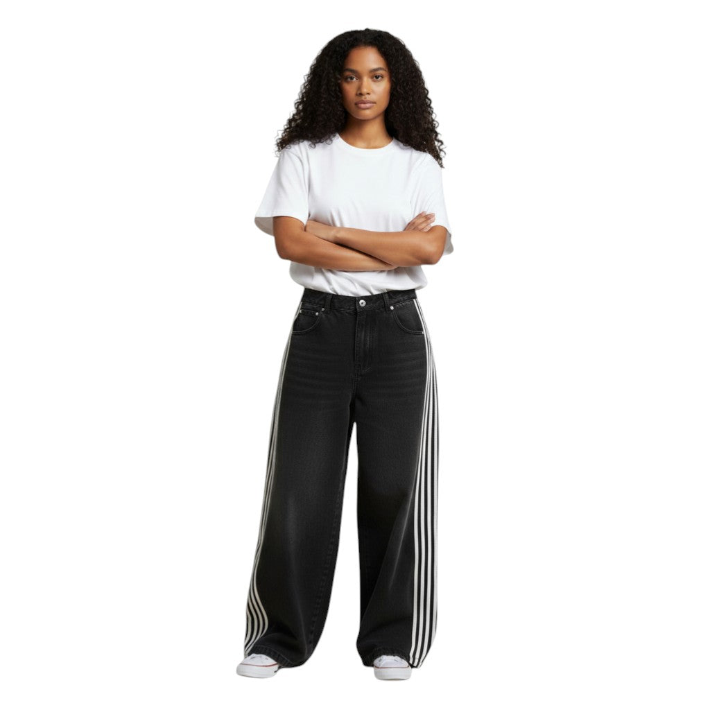 SWAGTOK black denim wide-leg jeans with white side stripes, mid-waist, zip fly, for daily wear.