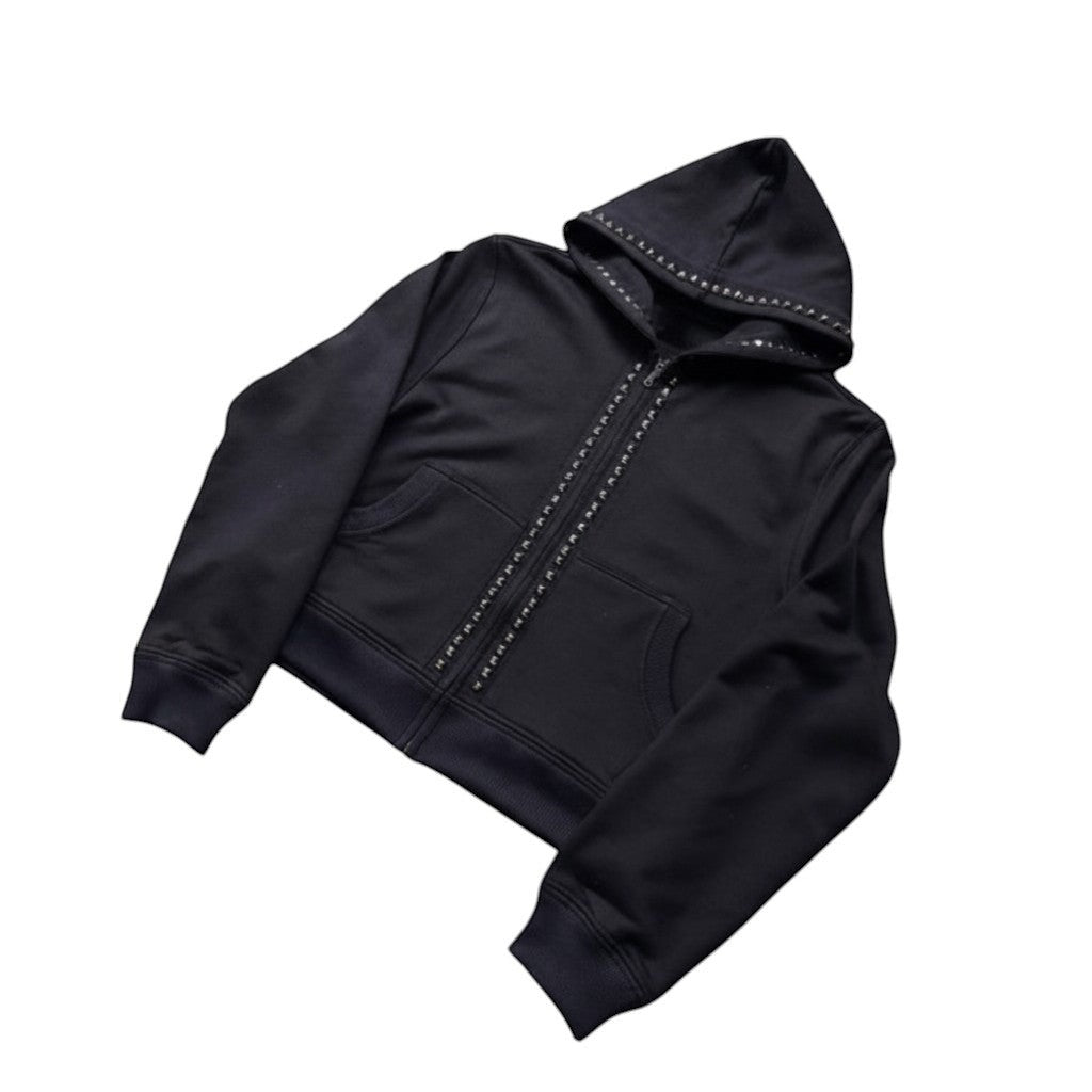 SWAGTOK black fleece hooded sweatshirt with zipper, studded details on hood and front, long sleeves, and pockets.