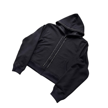 SWAGTOK black fleece hooded sweatshirt with zipper, studded details on hood and front, long sleeves, and pockets.