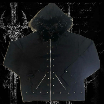 SWAGTOK black hooded sweatshirt with zipper, studded details, and faux fur trim. Streetwear style.