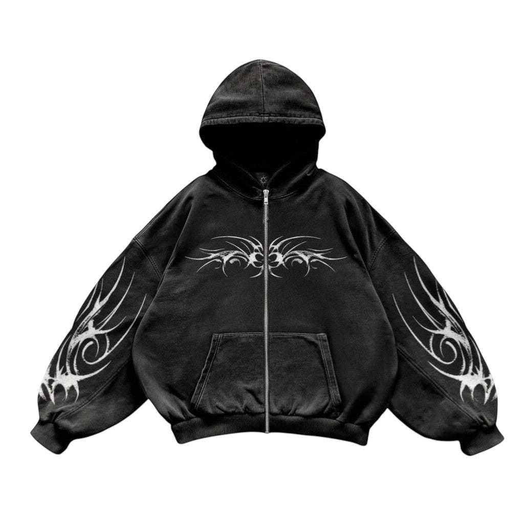 SWAGTOK black oversized zip-up hoodie with tribal graphic print on chest and sleeves, made of polyester, suitable for casual wear.