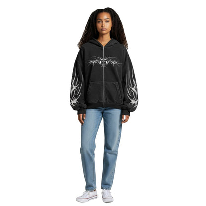 SWAGTOK black hooded zip-up sweatshirt with hand-painted tribal graphic print on sleeves and chest, made of polyester fiber.