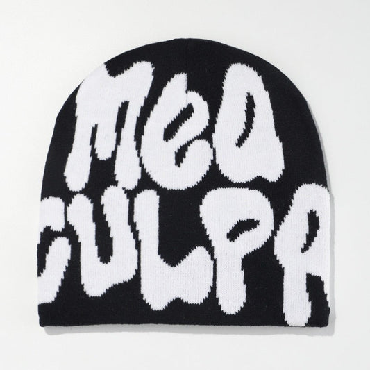 SWAGTOK black acrylic beanie with white 'Mea Culpa' lettering, machine embroidered, thermal and windproof for winter.