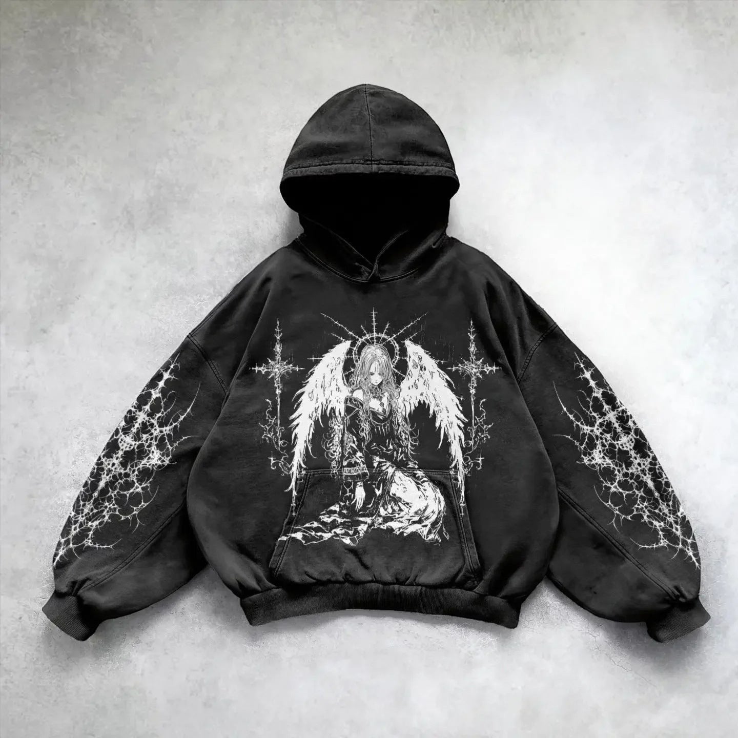 SWAGTOK black cotton hoodie with a hand-painted y2k-style angel graphic and distressed sleeves.