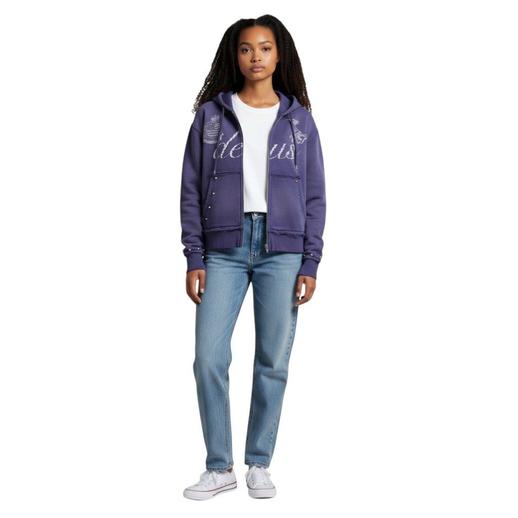 SWAGTOK blue polyester loose fit zip-up cardigan with 'deus' graphic and patch pockets.