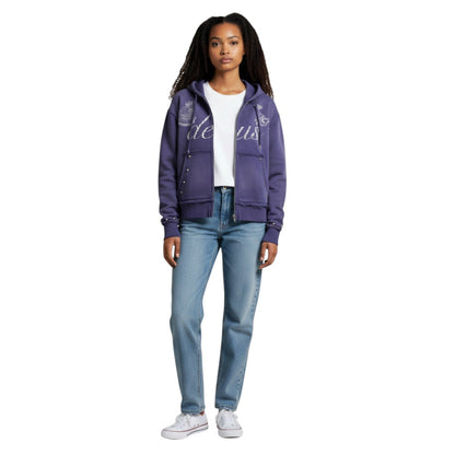 SWAGTOK blue polyester loose fit zip-up cardigan with 'deus' graphic and patch pockets.
