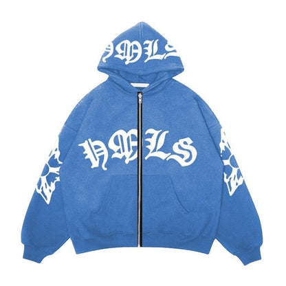 SWAGTOK blue fleece-lined zip-up hoodie with white gothic text graphic on chest and sleeves, hooded, loose fit.