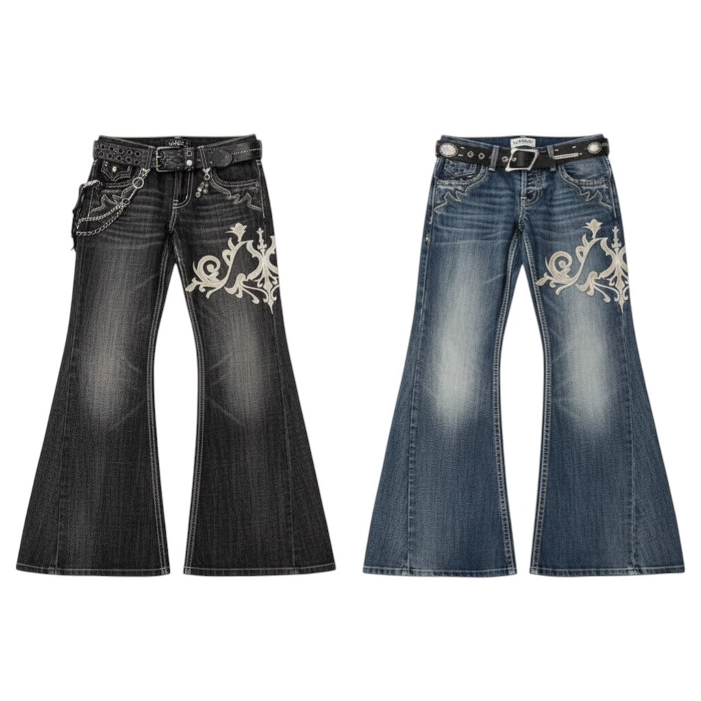 SWAGTOK black and blue cotton bootcut jeans with low waist, embroidery detail, and chain accents.