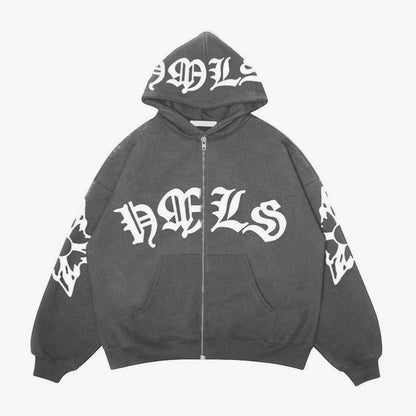 SWAGTOK dark gray fleece-lined hooded zip-up hoodie with white gothic lettering and sleeve graphics.