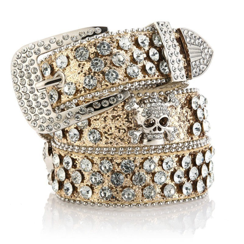 SWAGTOK Women's gold glitter imitation leather belt with skull and rhinestones, pin buckle fastening.