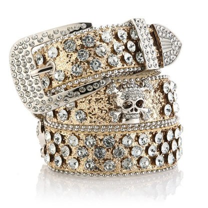 SWAGTOK Women's gold glitter imitation leather belt with skull and rhinestones, pin buckle fastening.