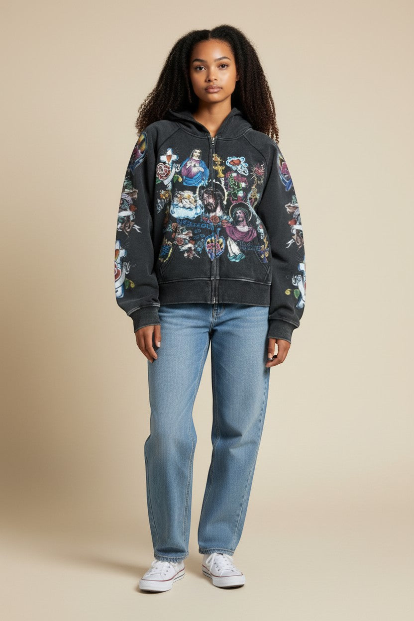 SWAGTOK men's charcoal gray polyester zip-up hoodie with all-over religious and tattoo-style graphic print.
