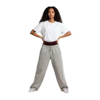 SWAGTOK gray cotton blend sweatpants with white side stripes and a visible red plaid waistband. Leisure style.