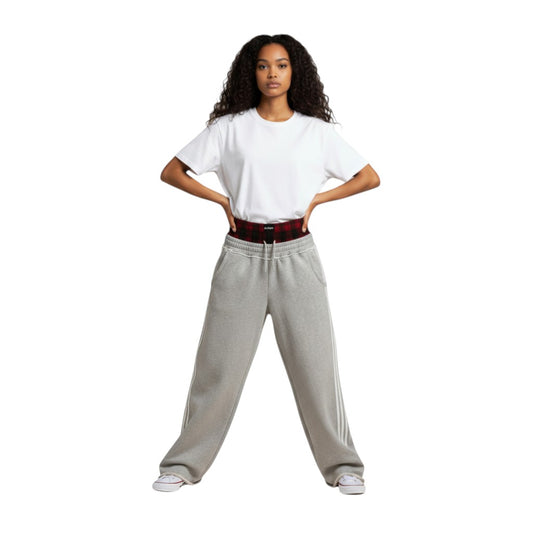 SWAGTOK gray cotton blend sweatpants with white side stripes and a visible red plaid waistband. Leisure style.