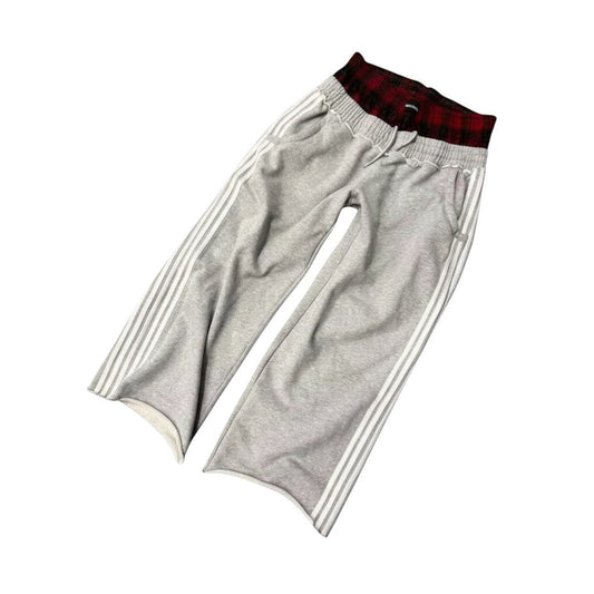 SWAGTOK gray cotton blend casual sports pants with white side stripes and plaid waistband.