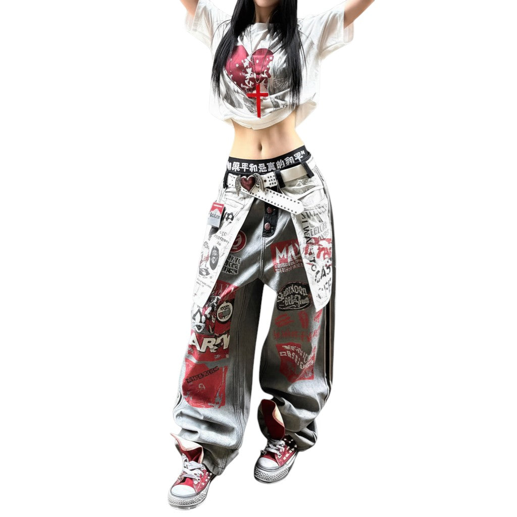SWAGTOK gray washed denim jeans with a relaxed fit, high waist, and punk-inspired graphic details. Straight-leg cut.