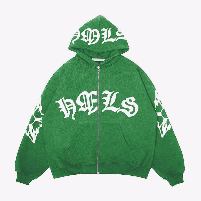 SWAGTOK green fleece-lined zip-up hoodie with white gothic lettering on chest and hood, and graphic print on sleeves.