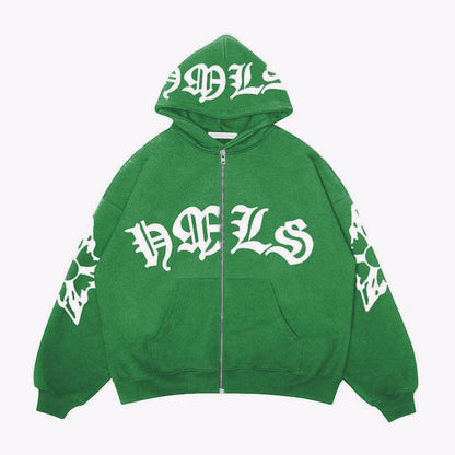 SWAGTOK green fleece-lined zip-up hoodie with white gothic lettering on chest and hood, and graphic print on sleeves.