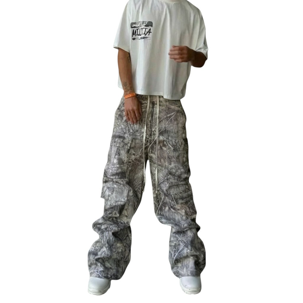 SWAGTOK men's grey camouflage print cargo pants with drawstring waist and multiple pockets, made from a cotton blend.