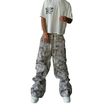 SWAGTOK men's grey camouflage print cargo pants with drawstring waist and multiple pockets, made from a cotton blend.