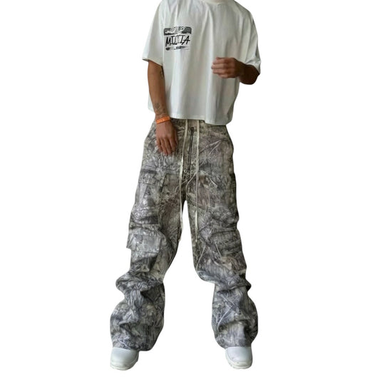 SWAGTOK men's grey camouflage print cargo pants with drawstring waist and multiple pockets, made from a cotton blend.