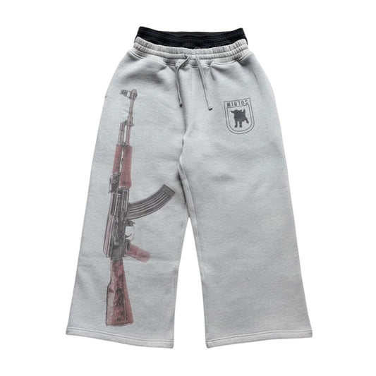 SWAGTOK light grey polyester sweatpants with double waistband, AK-47 graphic print on left leg and logo on right.