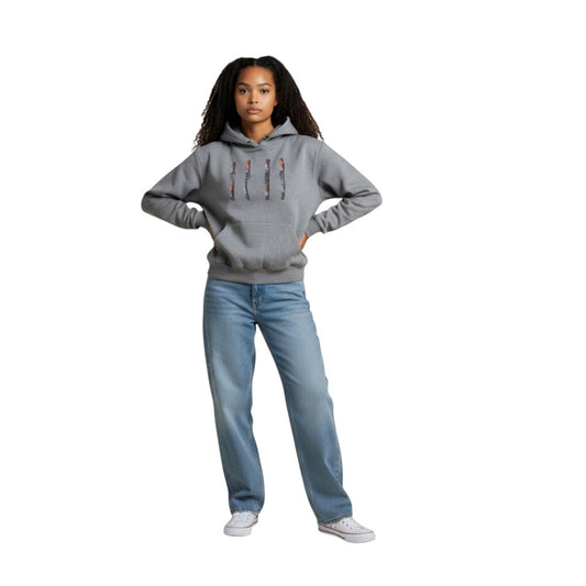 SWAGTOK grey polyester hooded sweater with a vertical abstract print on the chest and a front pocket.