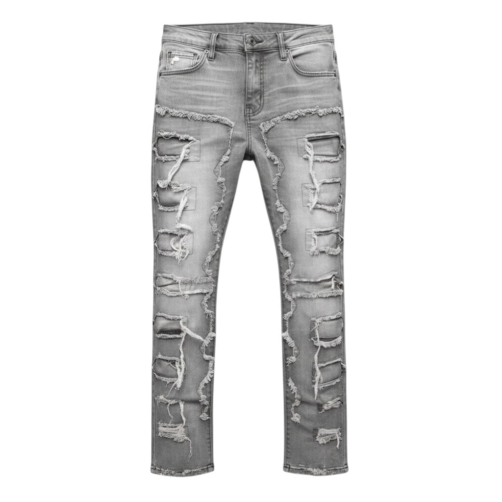 SWAGTOK men's grey stacked jeans with distressed rips and frayed details, made of cotton.