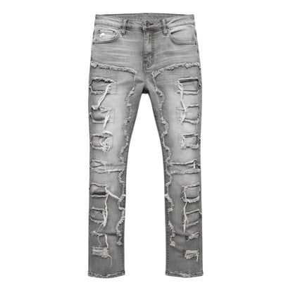 SWAGTOK men's grey stacked jeans with distressed rips and frayed details, made of cotton.