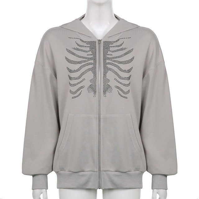 SWAGTOK grey zip-up cardigan with rhinestone skeleton graphic, V-neck, long sleeves, and pockets.