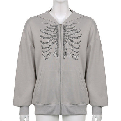 SWAGTOK grey zip-up cardigan with rhinestone skeleton graphic, V-neck, long sleeves, and pockets.