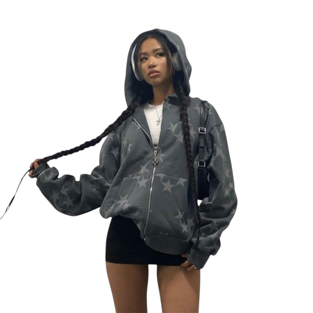 SWAGTOK grey polyester zip-up hoodie with all-over star print, long sleeves, and hood. Loose fit, street style.