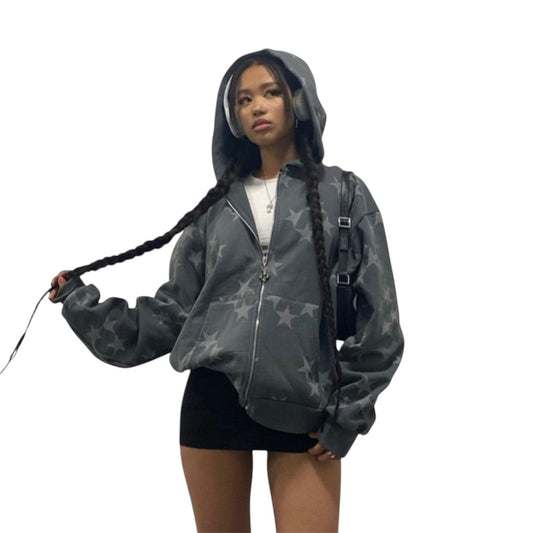 SWAGTOK grey polyester zip-up hoodie with all-over star print, long sleeves, and hood. Loose fit, street style.
