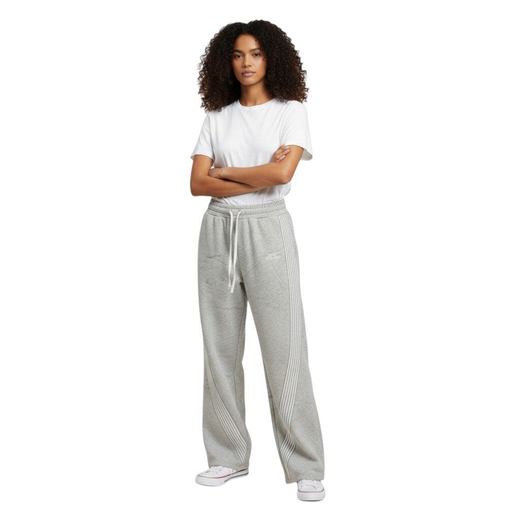 SWAGTOK grey cotton blend wide-leg sweatpants with embroidered stripes and pockets. Streetwear style.