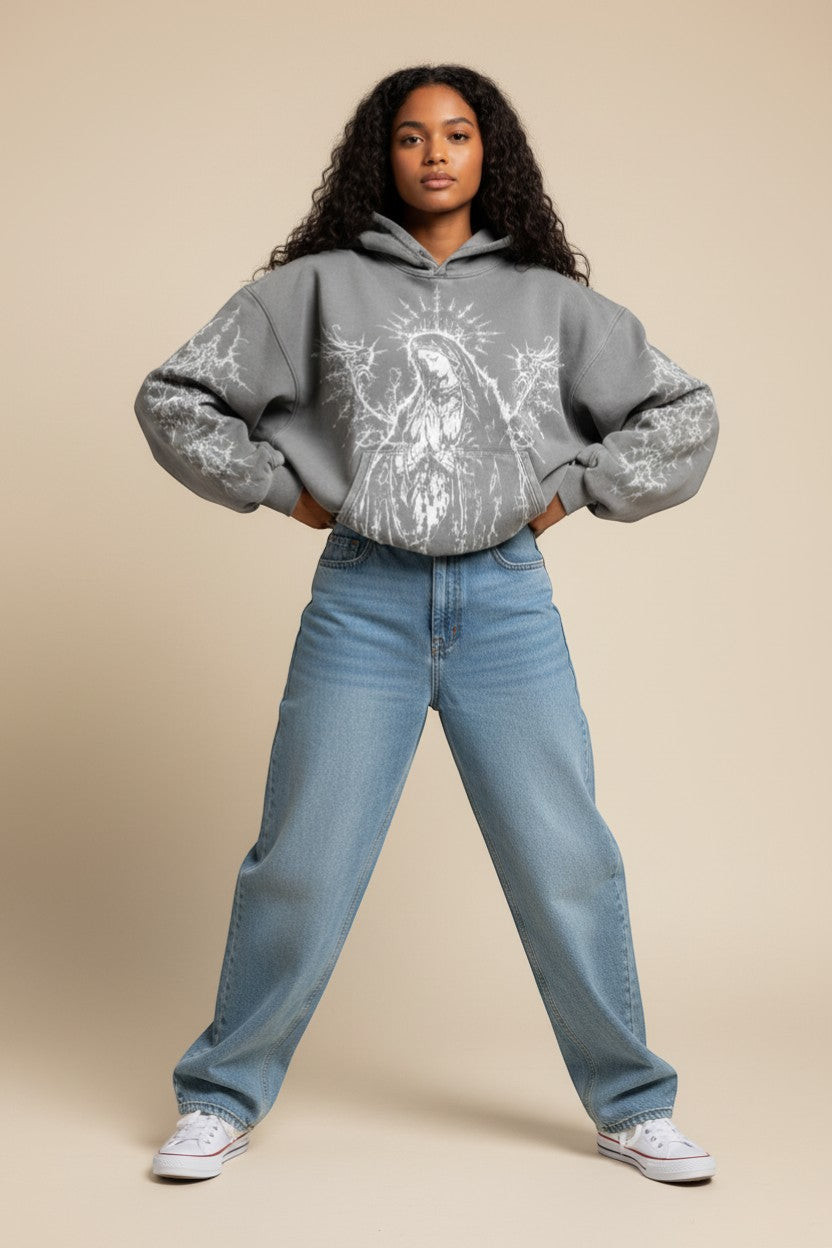 SWAGTOK grey cotton hoodie with a hand-painted y2k graphic of a praying figure with wings and lightning details on sleeves.