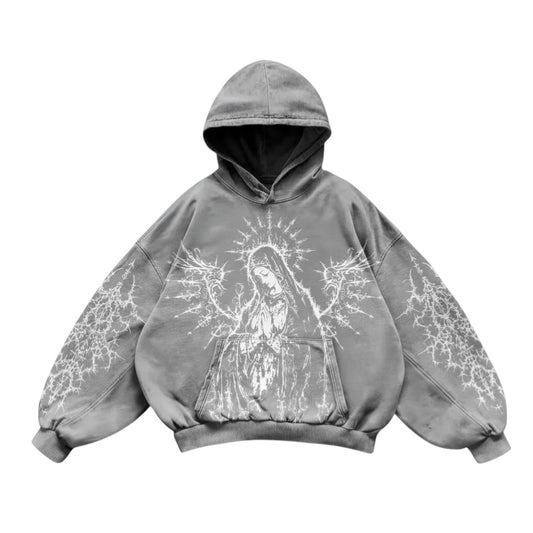 SWAGTOK grey cotton blend y2k hoodie with hand-painted religious graphic and lightning bolt sleeves.