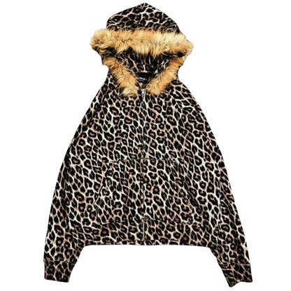 SWAGTOK leopard print fleece hooded sweatshirt with faux fur trim and zipper closure.