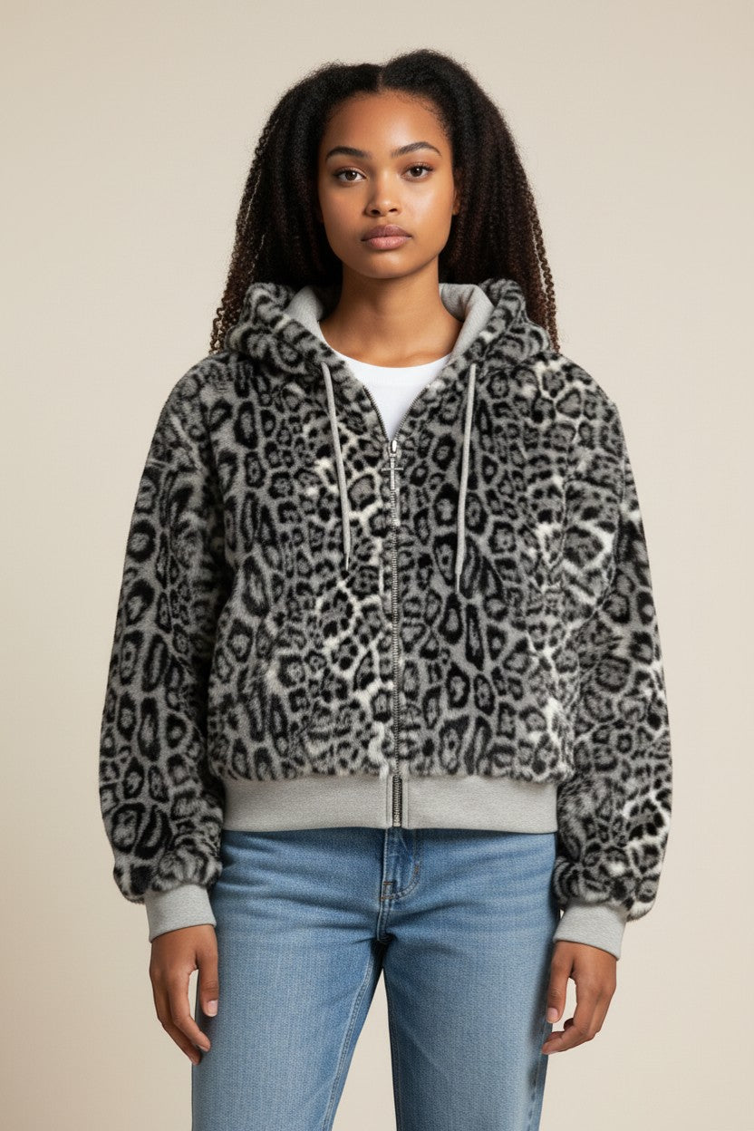 SWAGTOK grey and black leopard print reversible hooded jacket made of polyester with a zipper closure.