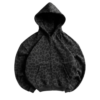 SWAGTOK charcoal grey leopard print zip-up hoodie made of polyester with a loose fit and 3D effect.