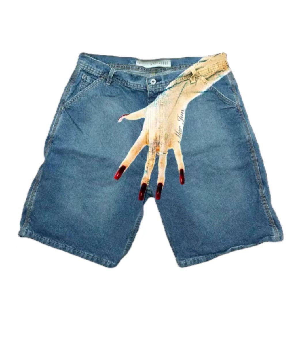 SWAGTOK light blue denim shorts with a Y2g hip hop graphic print of a hand with long red nails.