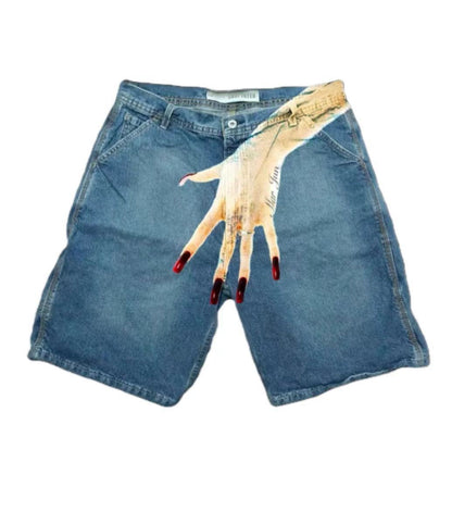 SWAGTOK light blue denim shorts with a Y2g hip hop graphic print of a hand with long red nails.