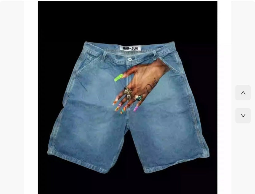 SWAGTOK light blue denim shorts with a low waist and straight leg fit, featuring a hip hop trend pattern.