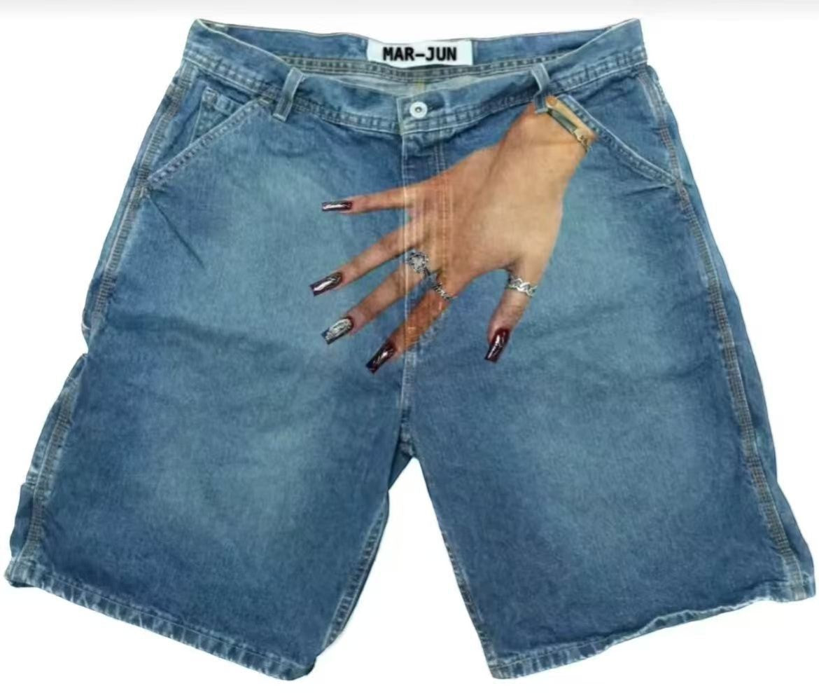 SWAGTOK light blue denim shorts with a low waist and straight leg fit, featuring a Y2g hip hop pattern.