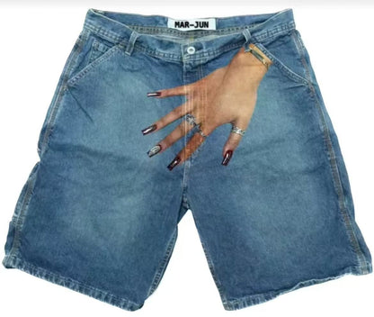 SWAGTOK light blue denim shorts with a low waist and straight leg fit, featuring a Y2g hip hop pattern.