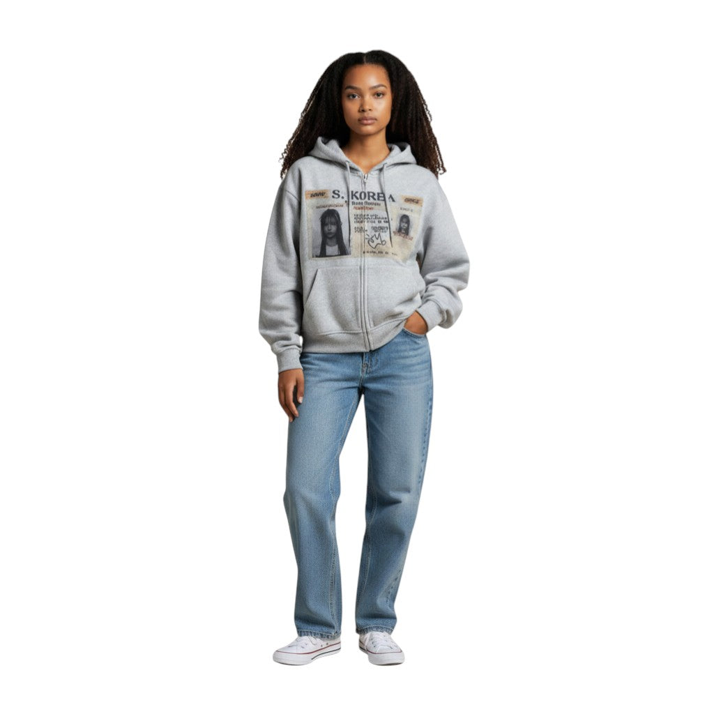SWAGTOK light gray cotton blend zip-up hoodie with S. KOREA graphic print and letter details.
