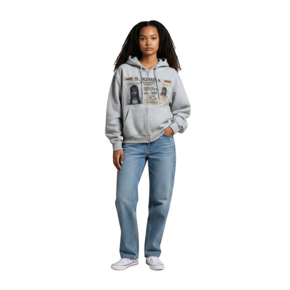 SWAGTOK light gray cotton blend zip-up hoodie with S. KOREA graphic print and letter details.