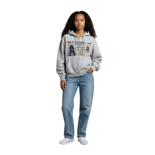 SWAGTOK light gray cotton blend zip-up hoodie with S. KOREA graphic print and letter details.