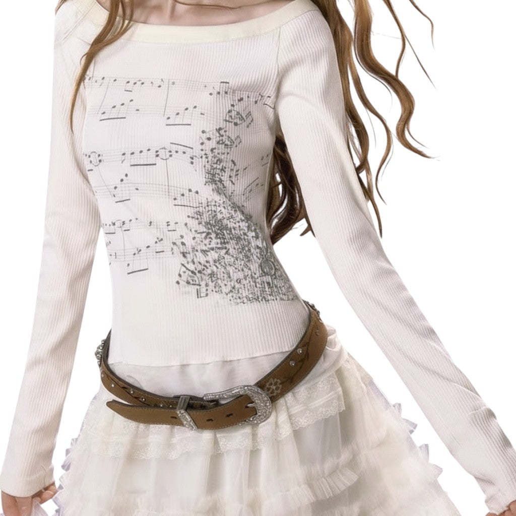 SWAGTOK women's milky white cotton long-sleeved t-shirt with a unique musical note print and slim fit.